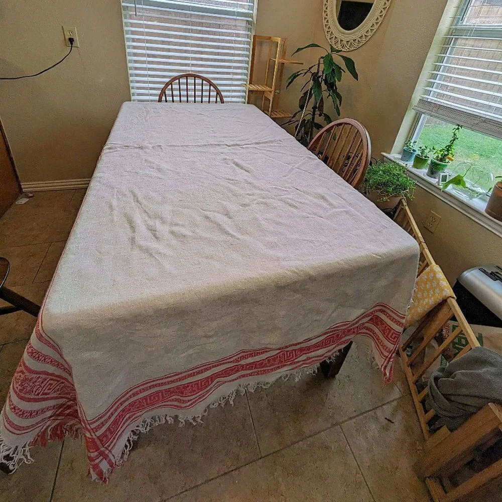 White & Red Linen Fringe Vintage Tablecloth